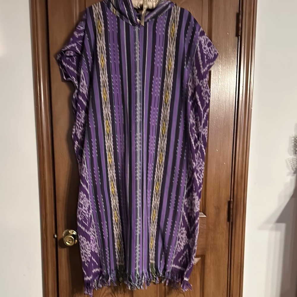 Purple Striped Hooded Caftan with Fringe - Unbranded